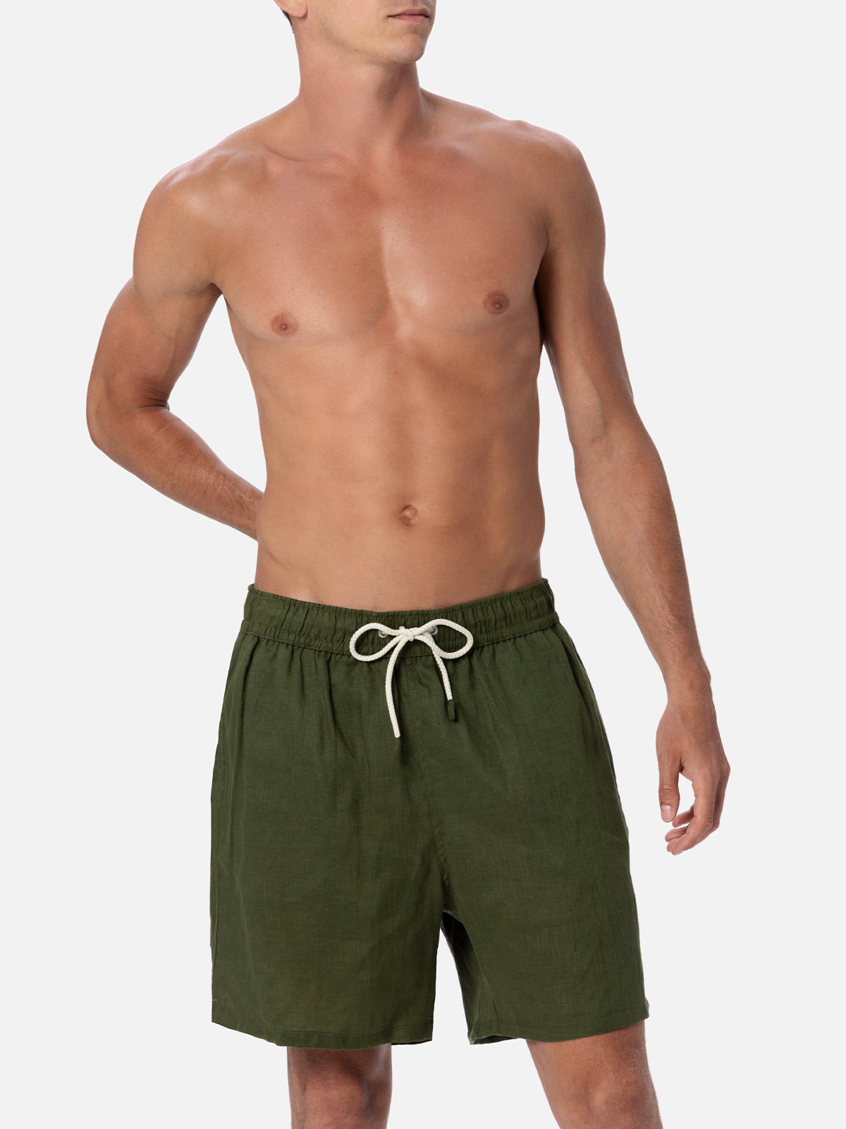 Mid-length military green linen swim-shorts Gustavia