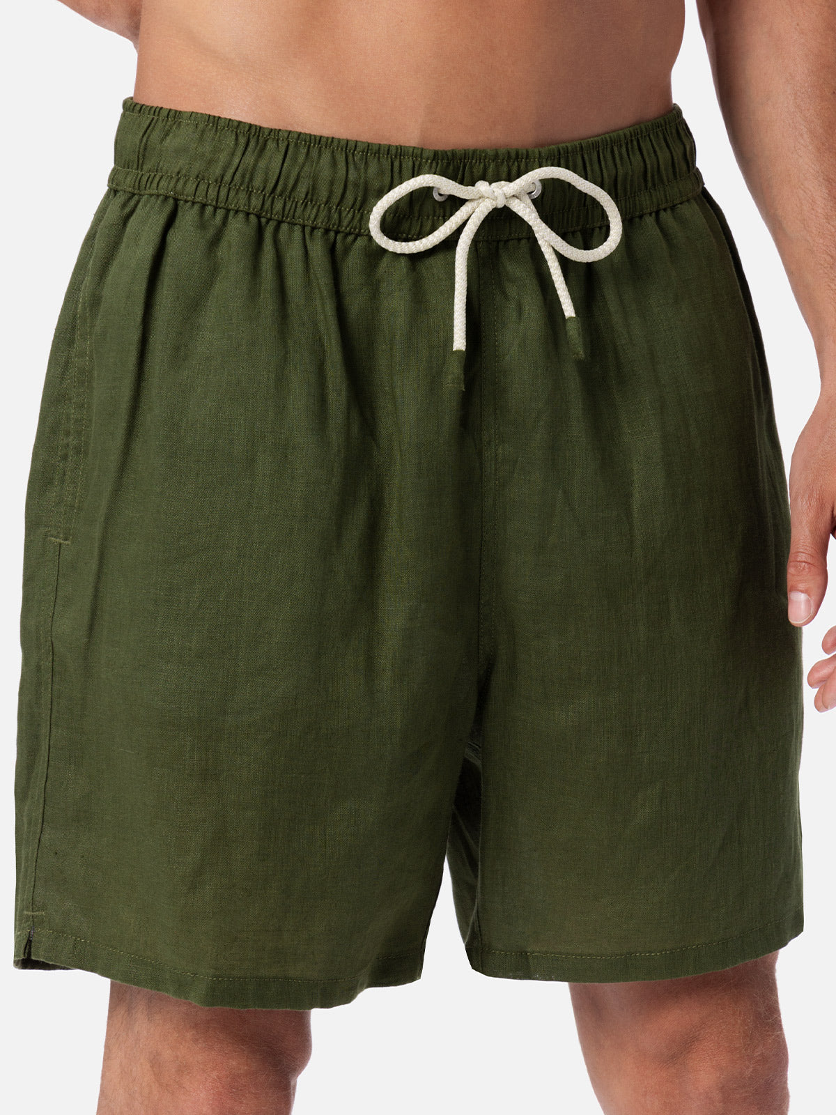 Mid-length military green linen swim-shorts Gustavia