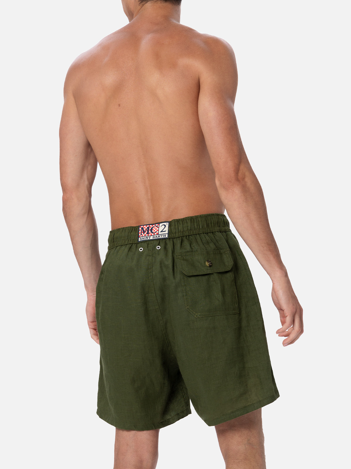 Mid-length military green linen swim-shorts Gustavia
