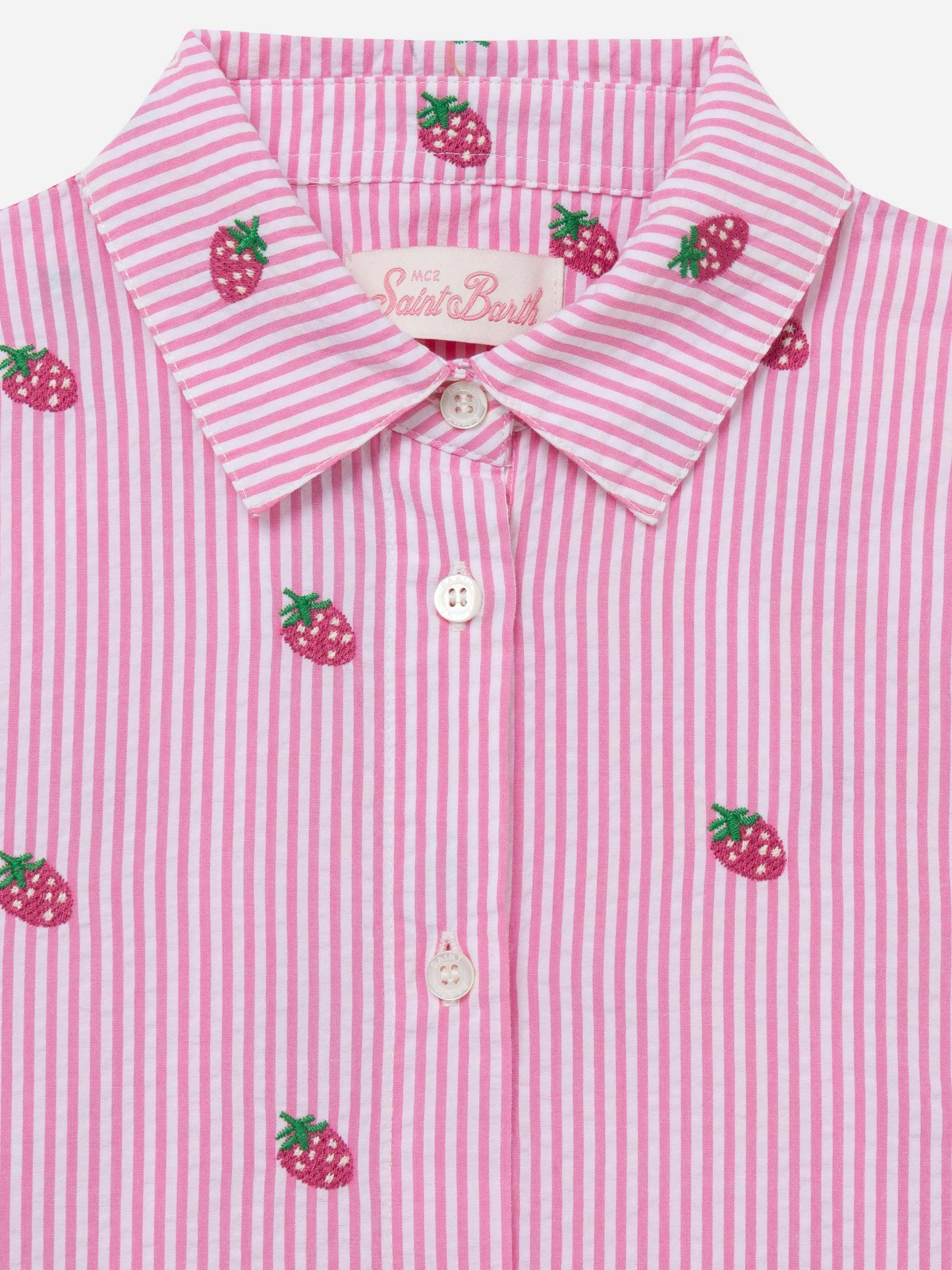 Mini Brigitte pink striped seersucker shirt with strawberry embroidery