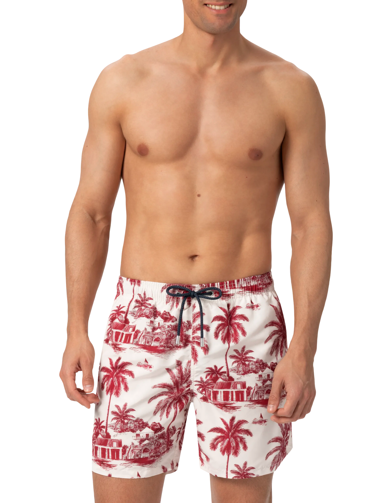 Mid-length Gustavia swim-shorts with toile de jouy print | AI CO-CREATED DESIGN BY RICKDICK - POWERED BY RED-EYE