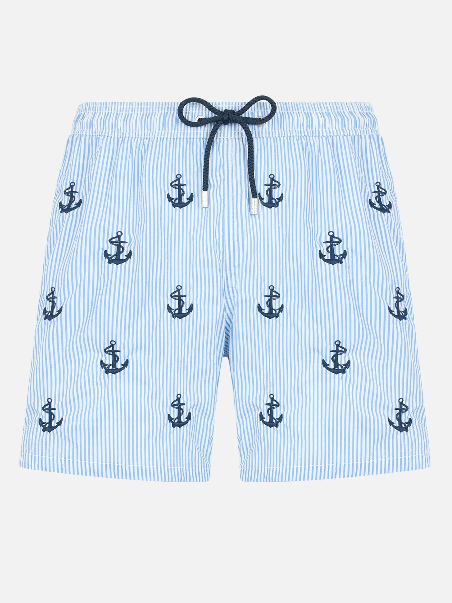 Man mid-length seersucker Gustavia swim shorts with anchors embroidery