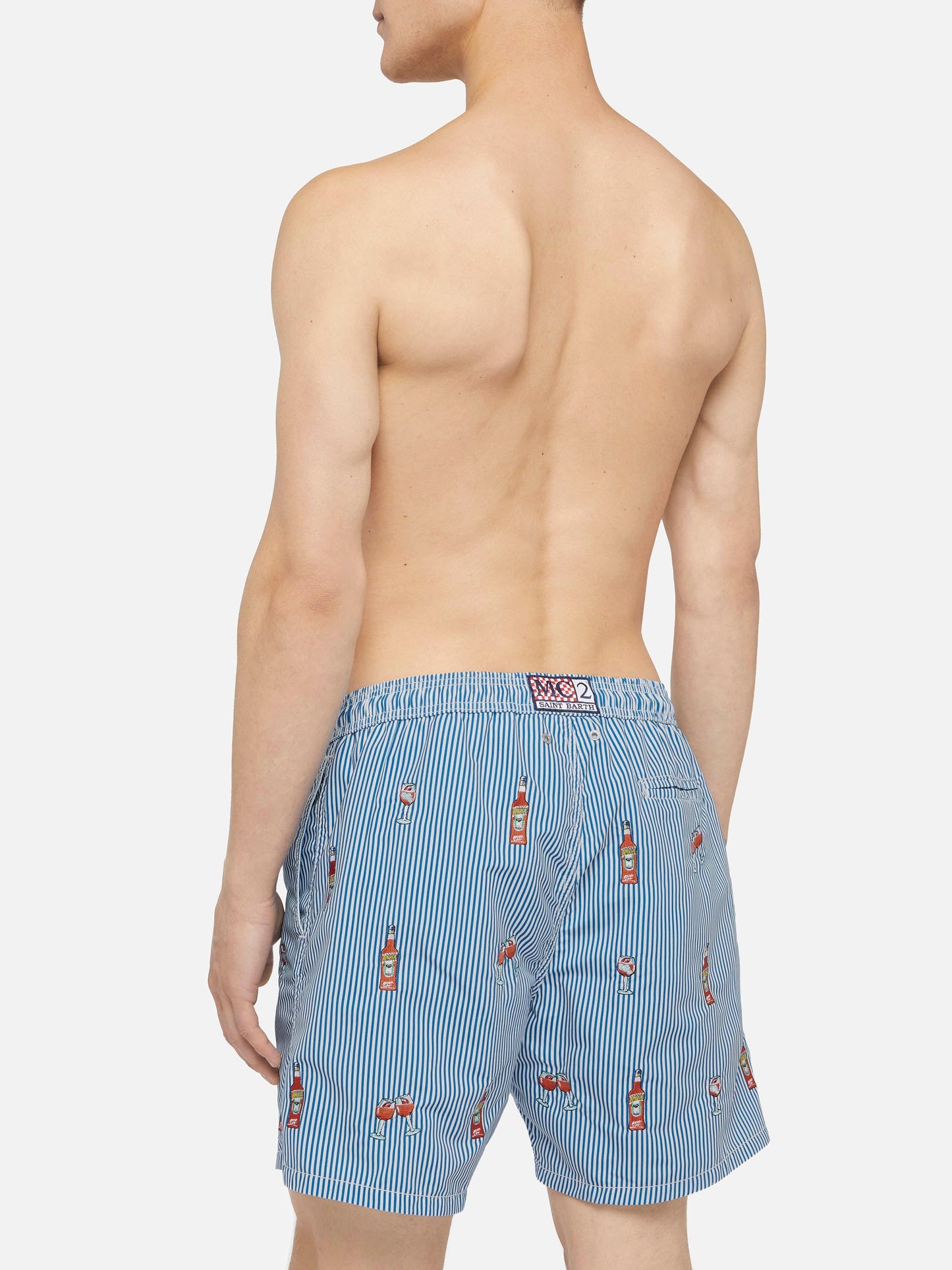Mid-length striped Gustavia swim-shorts with Aperol Spritz embroidery | APEROL SPECIAL EDITION