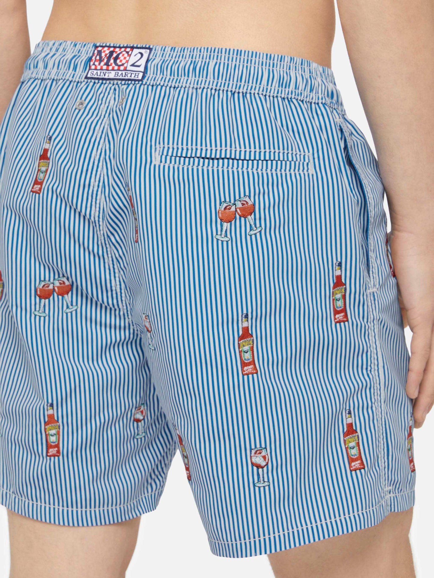 Mid-length striped Gustavia swim-shorts with Aperol Spritz embroidery | APEROL SPECIAL EDITION