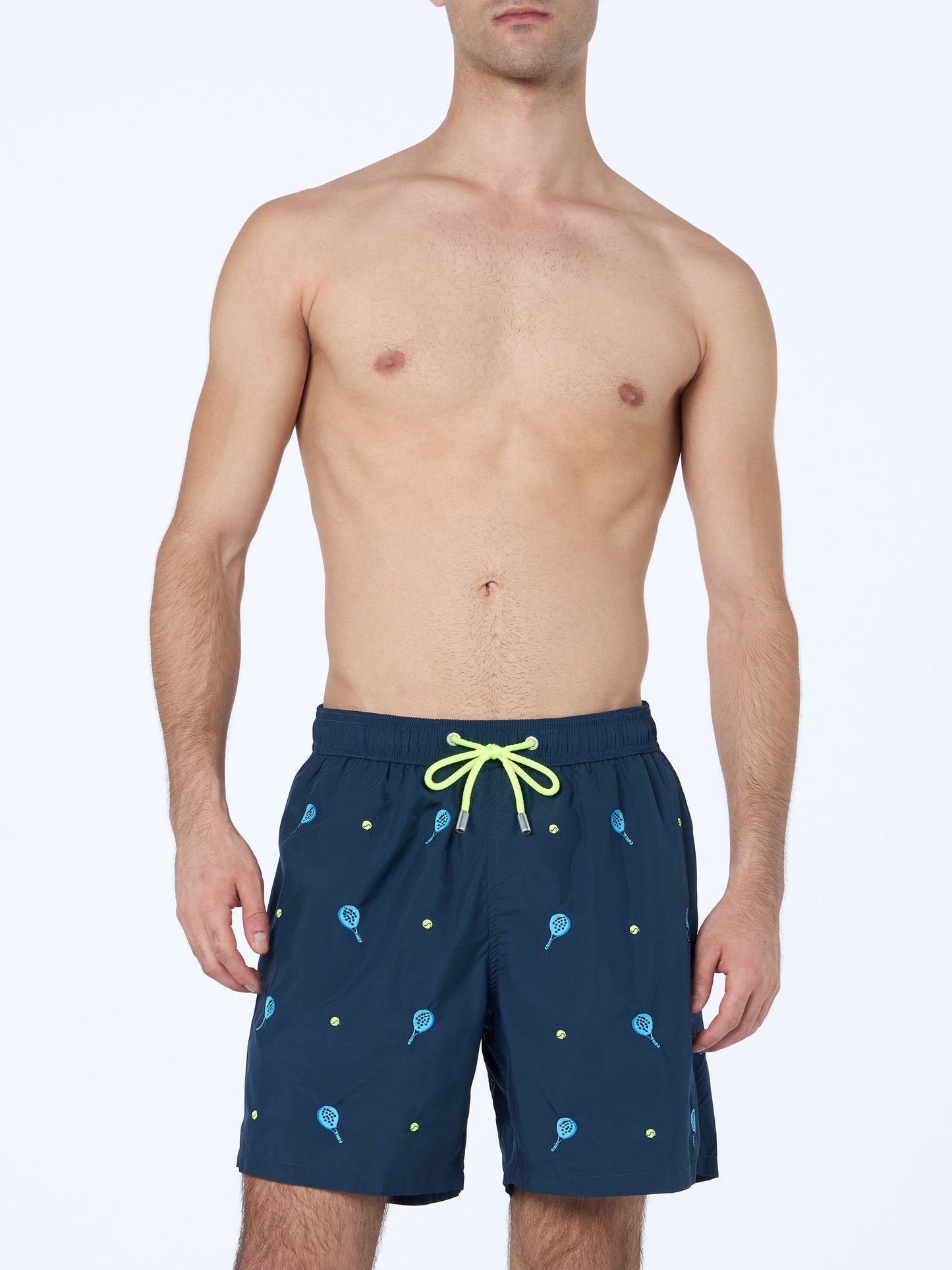 Mid-length striped Gustavia swim-shorts with padel embroidery