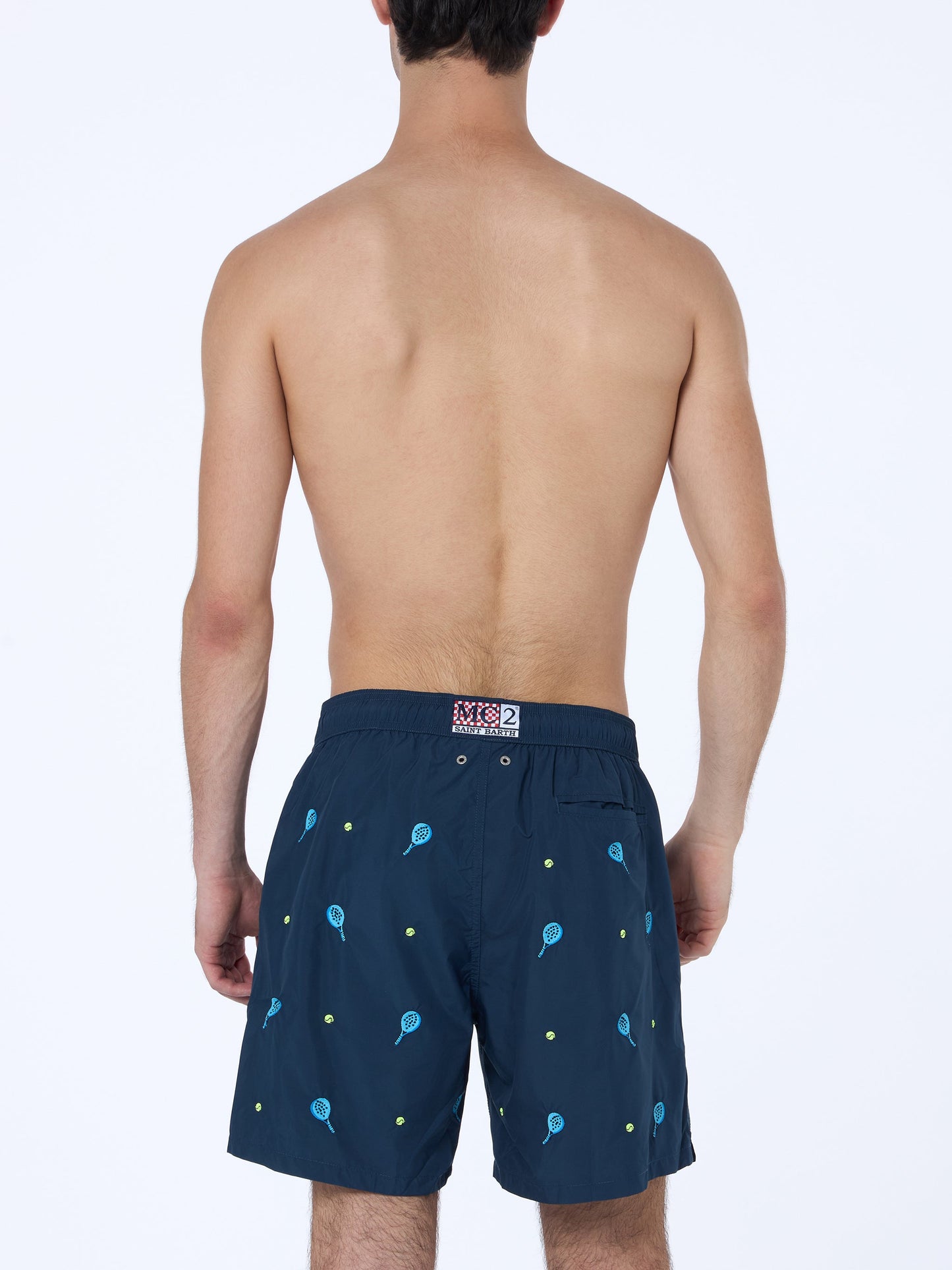 Mid-length striped Gustavia swim-shorts with padel embroidery