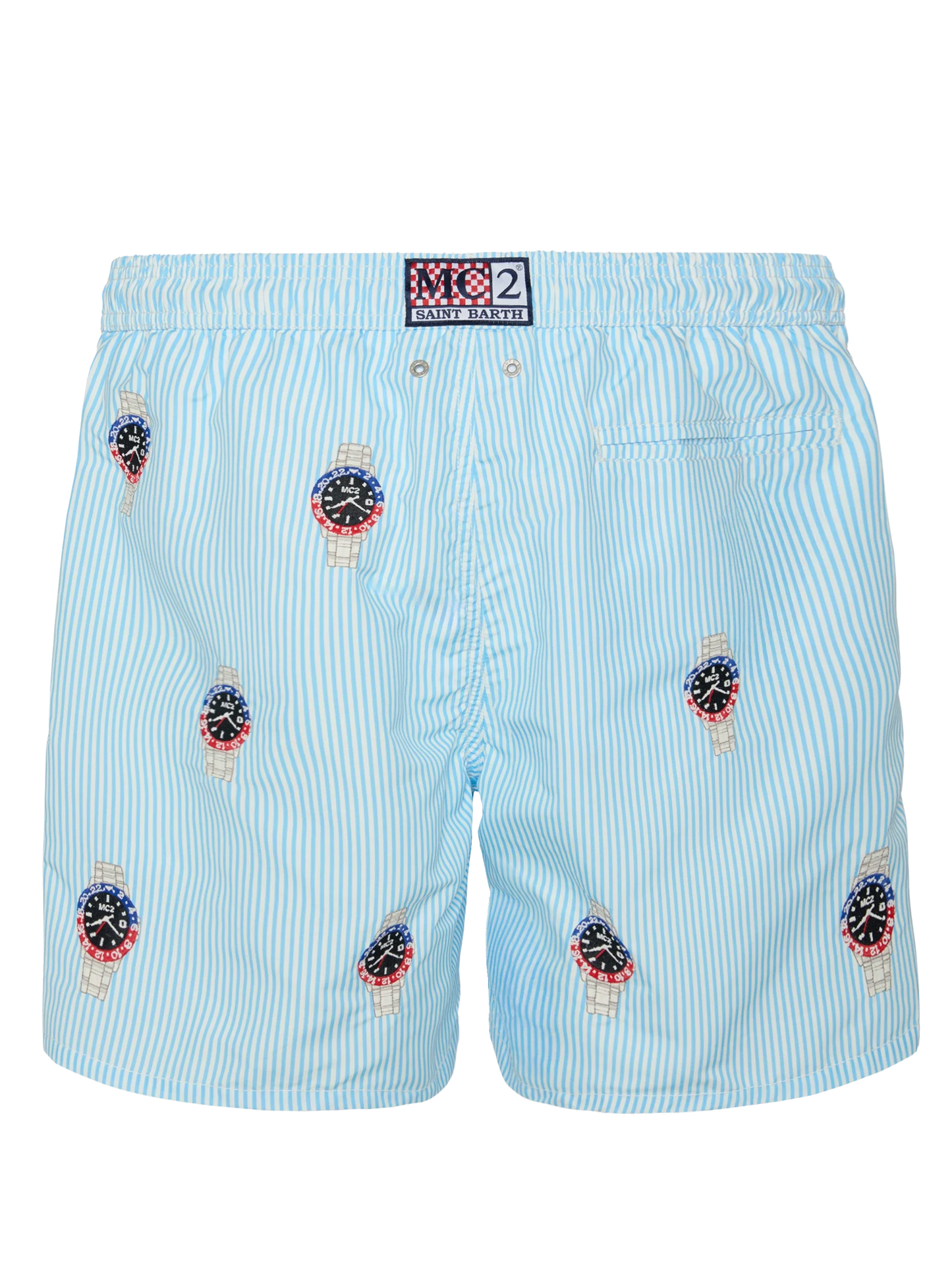 Mid-length striped Gustavia swim-shorts with watches embroidery