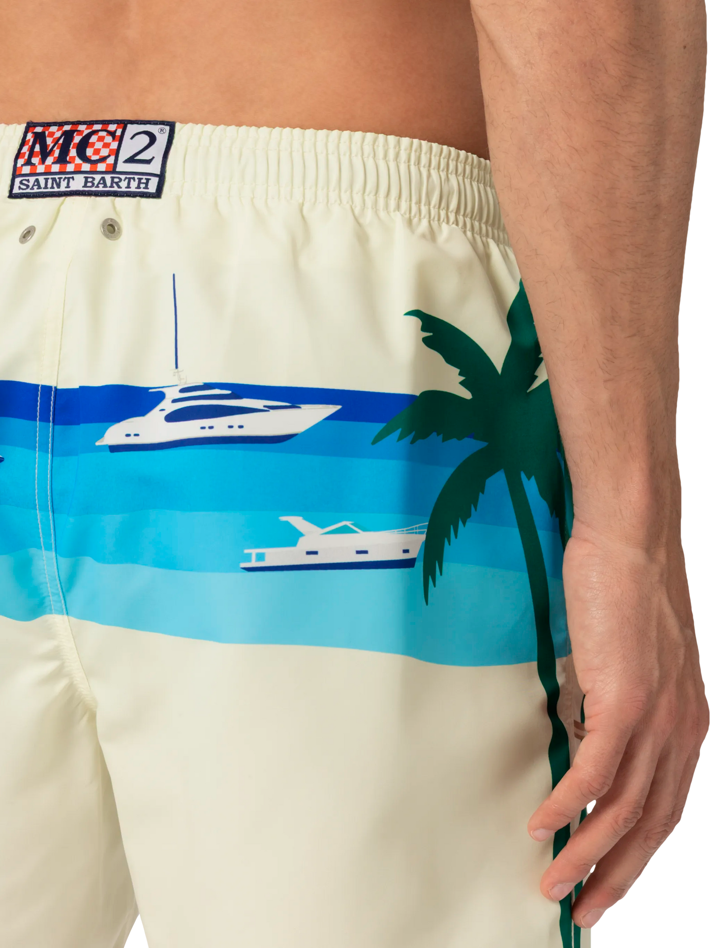 Mid-length Gustavia swim-shorts with Formentera postcard placed print