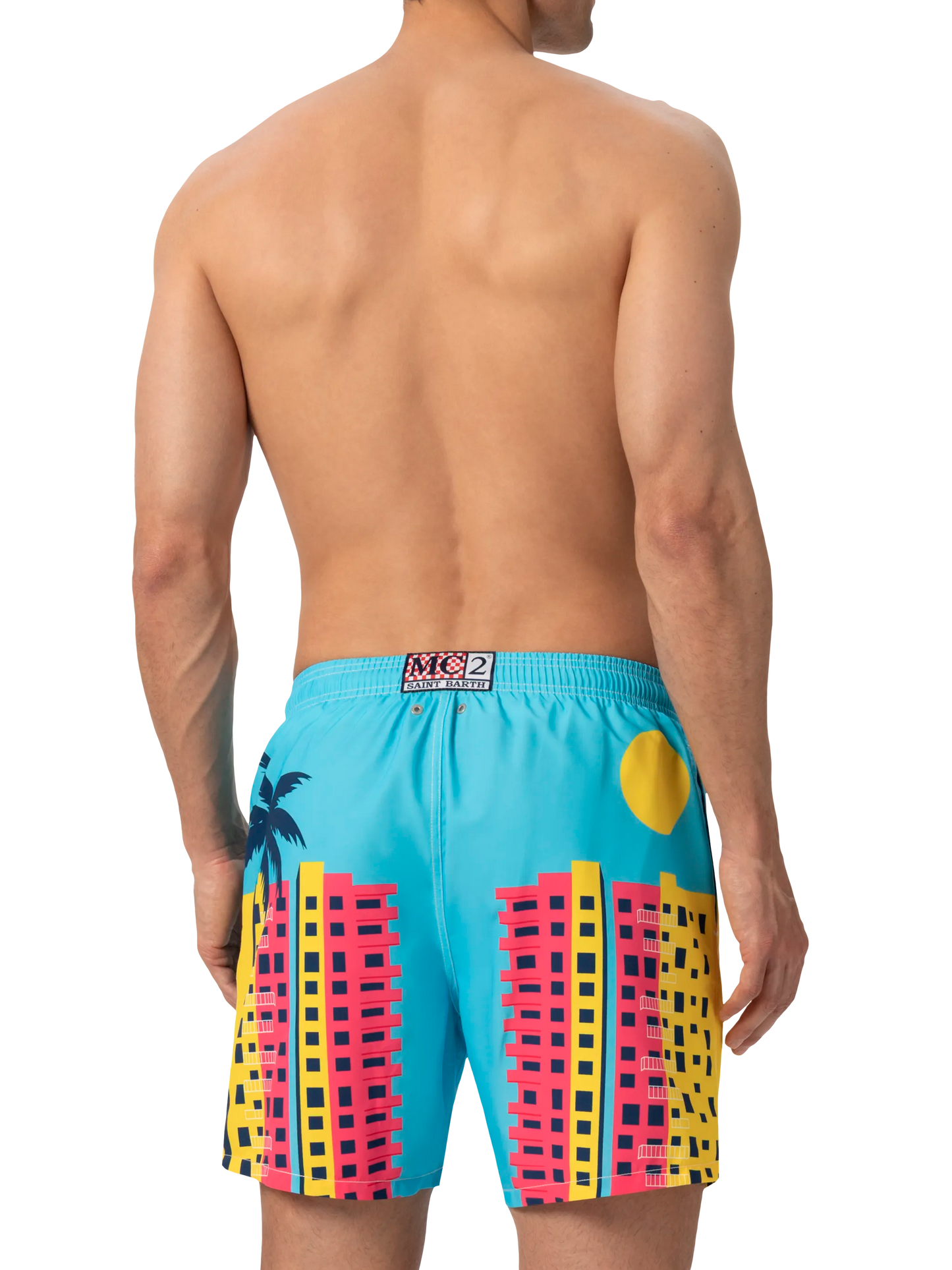 Mid-length Gustavia swim-shorts with Miami postcard placed print