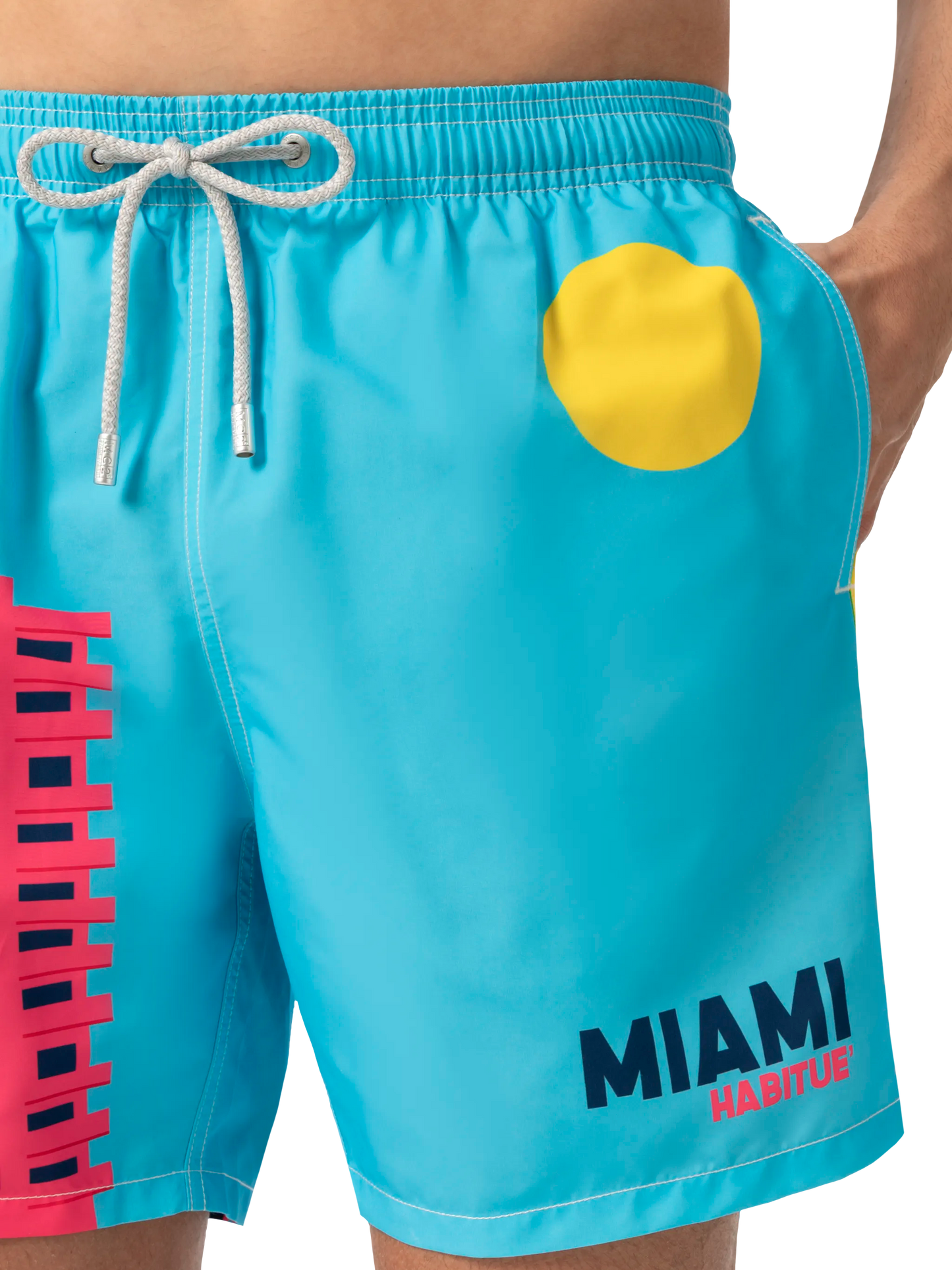 Mid-length Gustavia swim-shorts with Miami postcard placed print