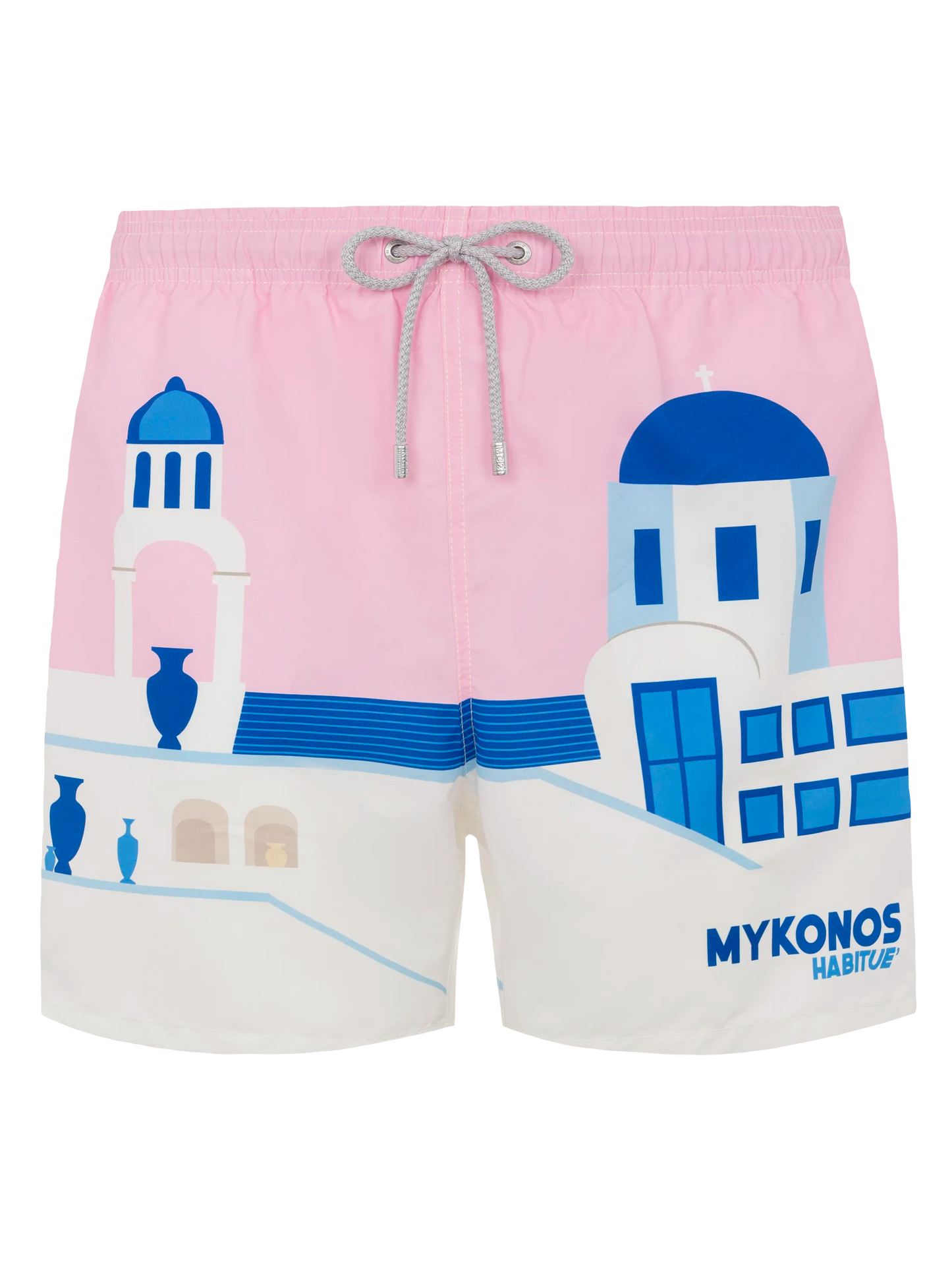 Mid-length Gustavia swim-shorts with Mykonos postcard placed print
