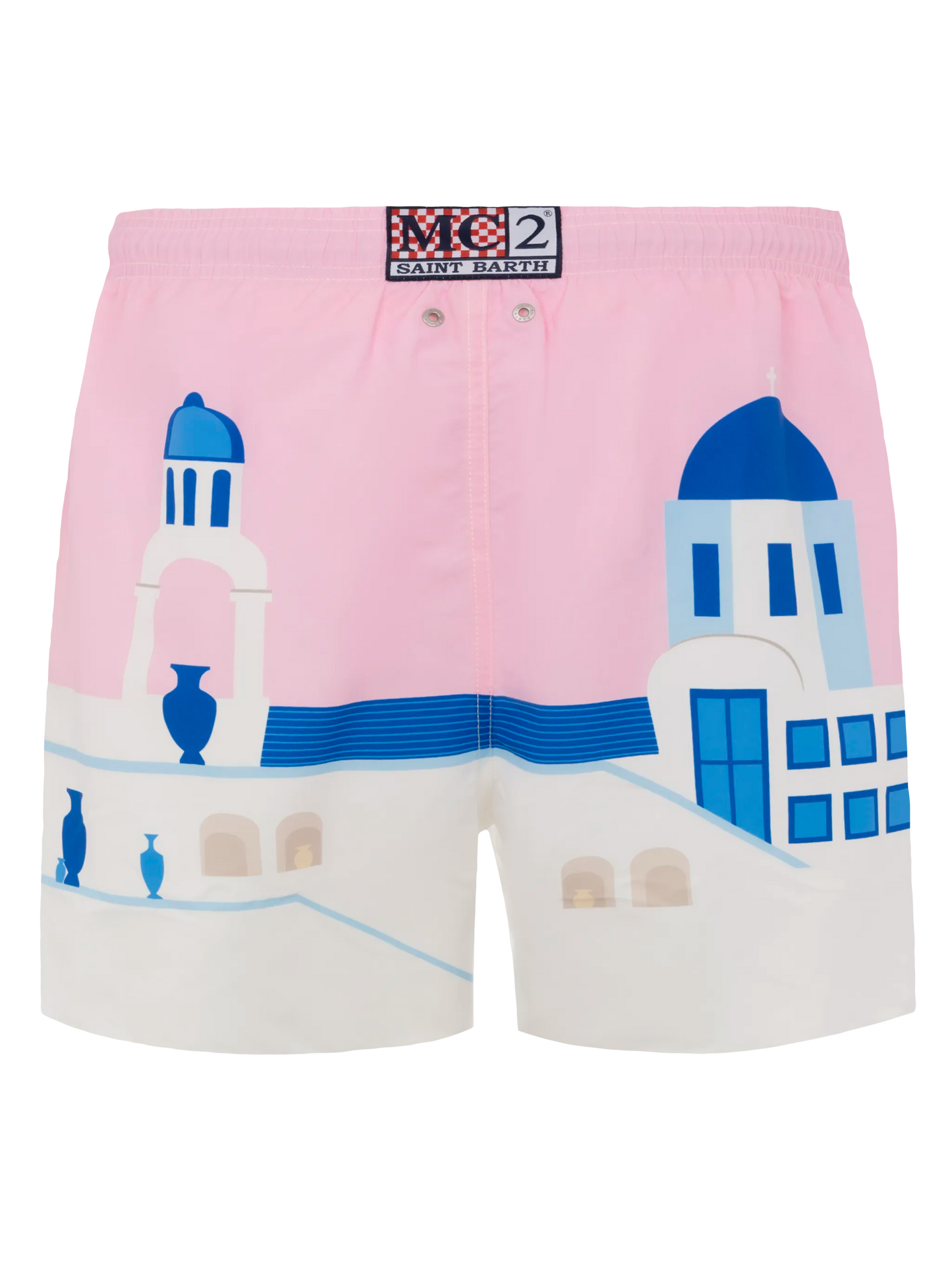 Mid-length Gustavia swim-shorts with Mykonos postcard placed print