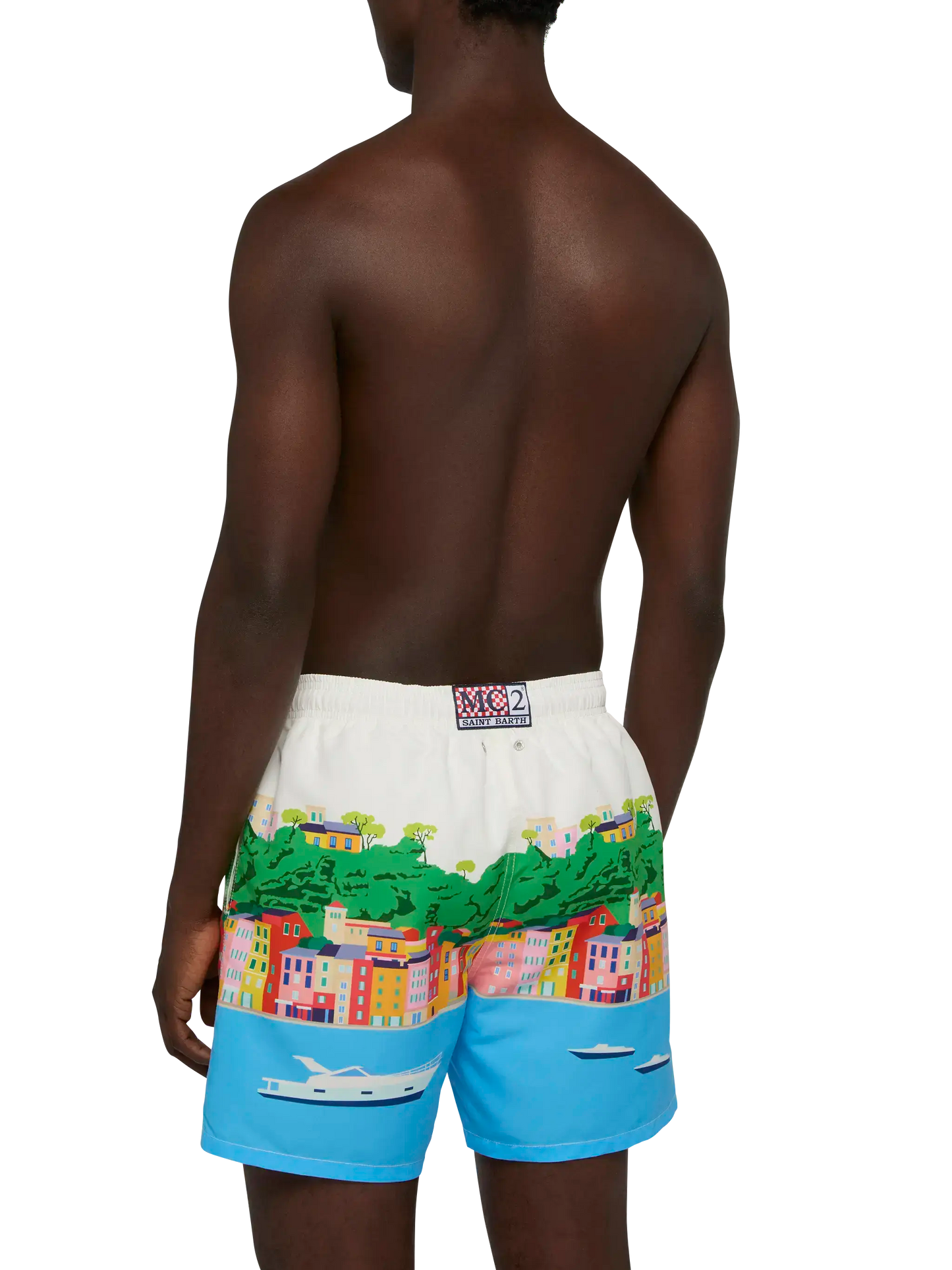 Mid-length Gustavia swim-shorts with Portofino postcard placed print