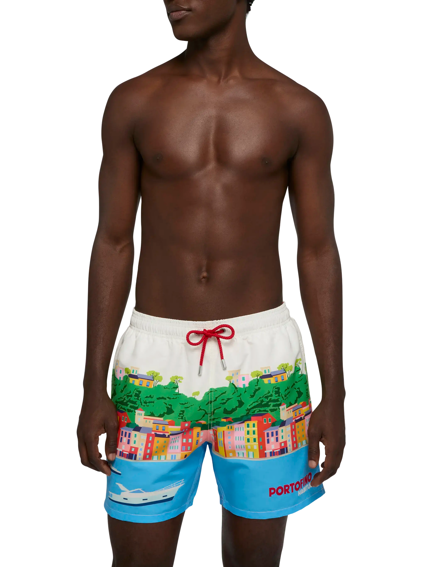 Mid-length Gustavia swim-shorts with Portofino postcard placed print