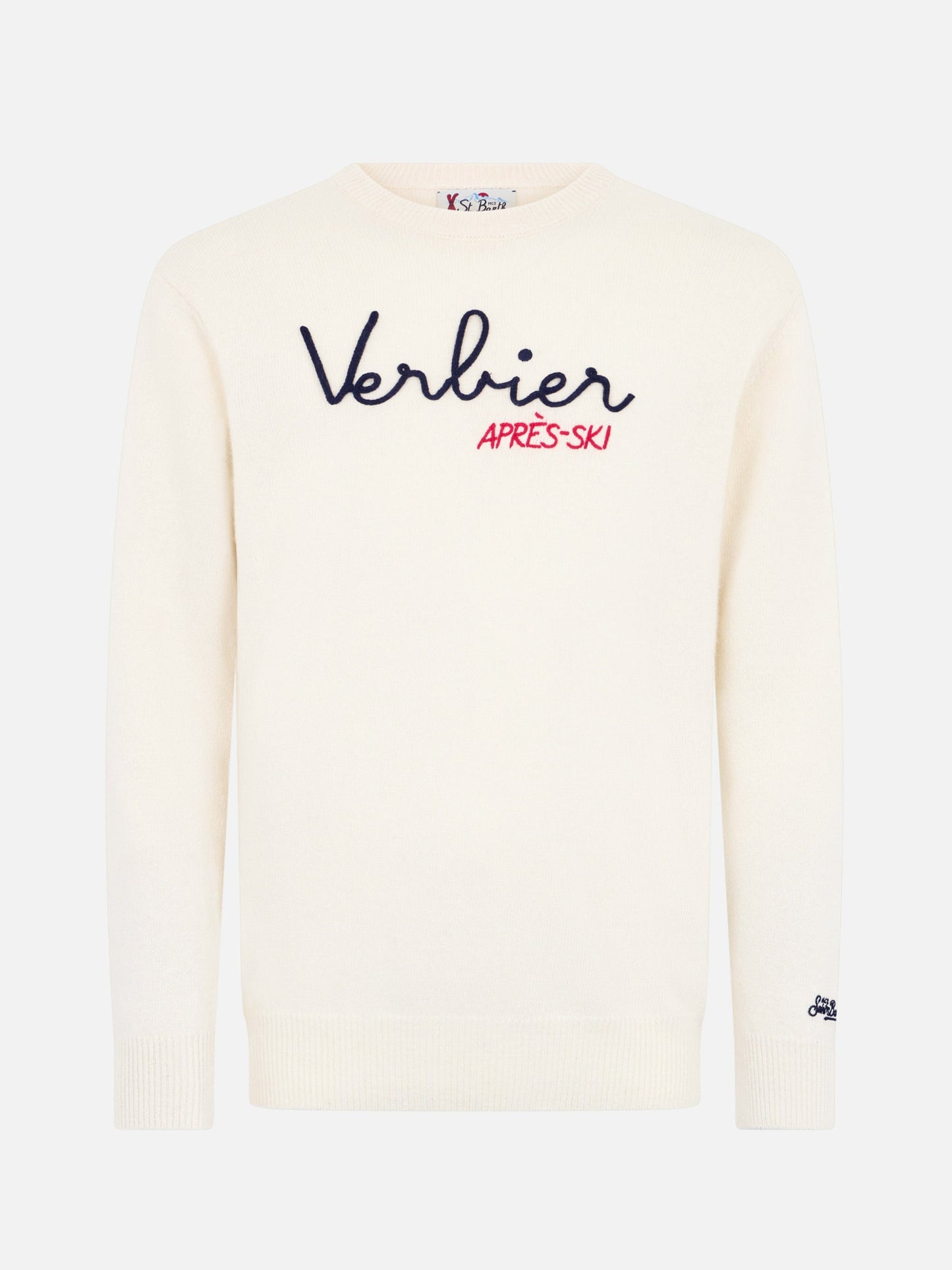 Man white sweater Heron with Verbier apres ski embroidery