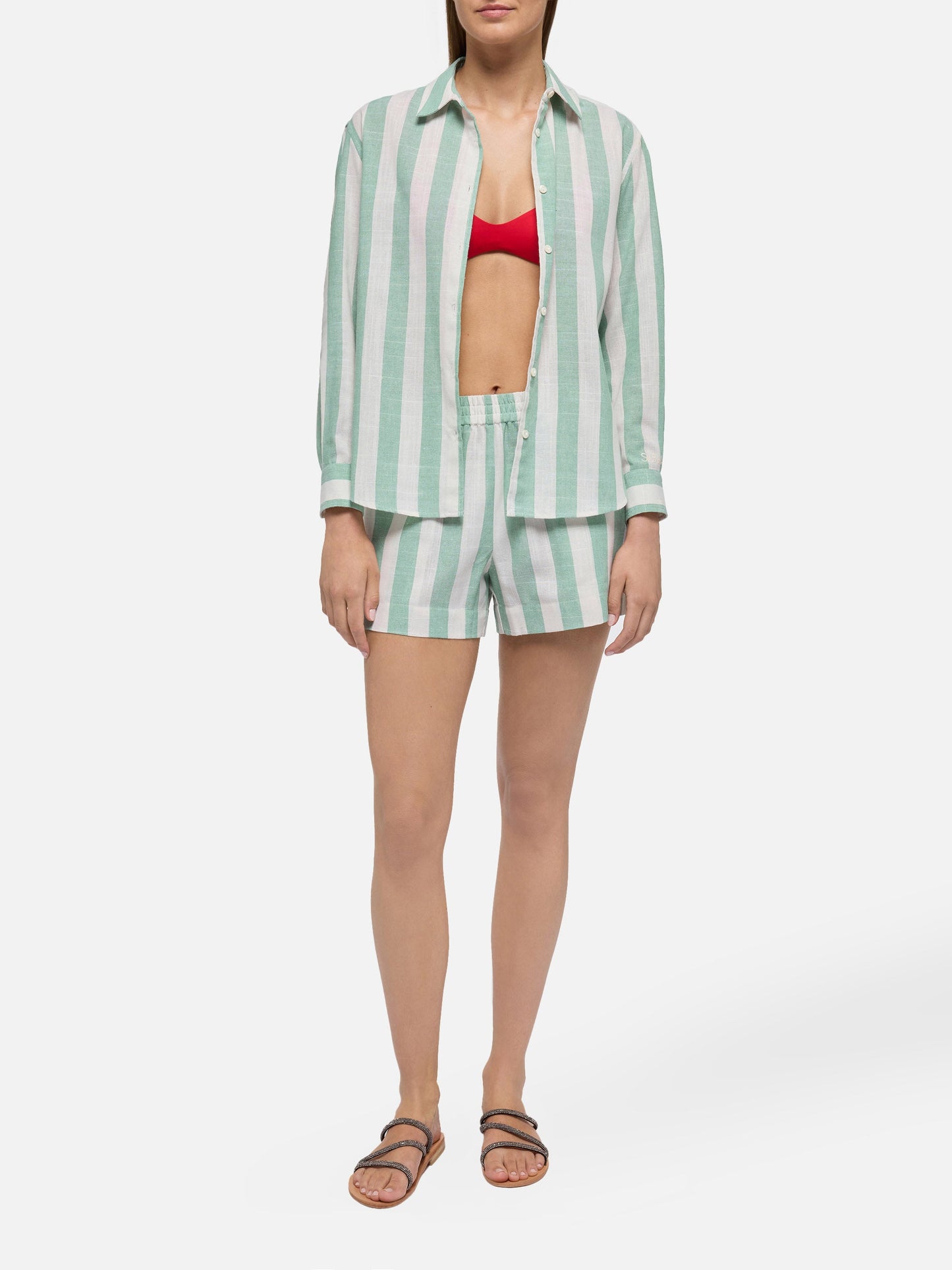 Meredith linen classic shirt with sage green striped print
