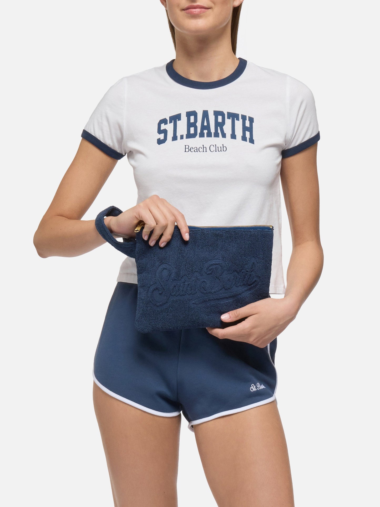 Navy blue Pareasy pochette with jacquard Saint Barth logo