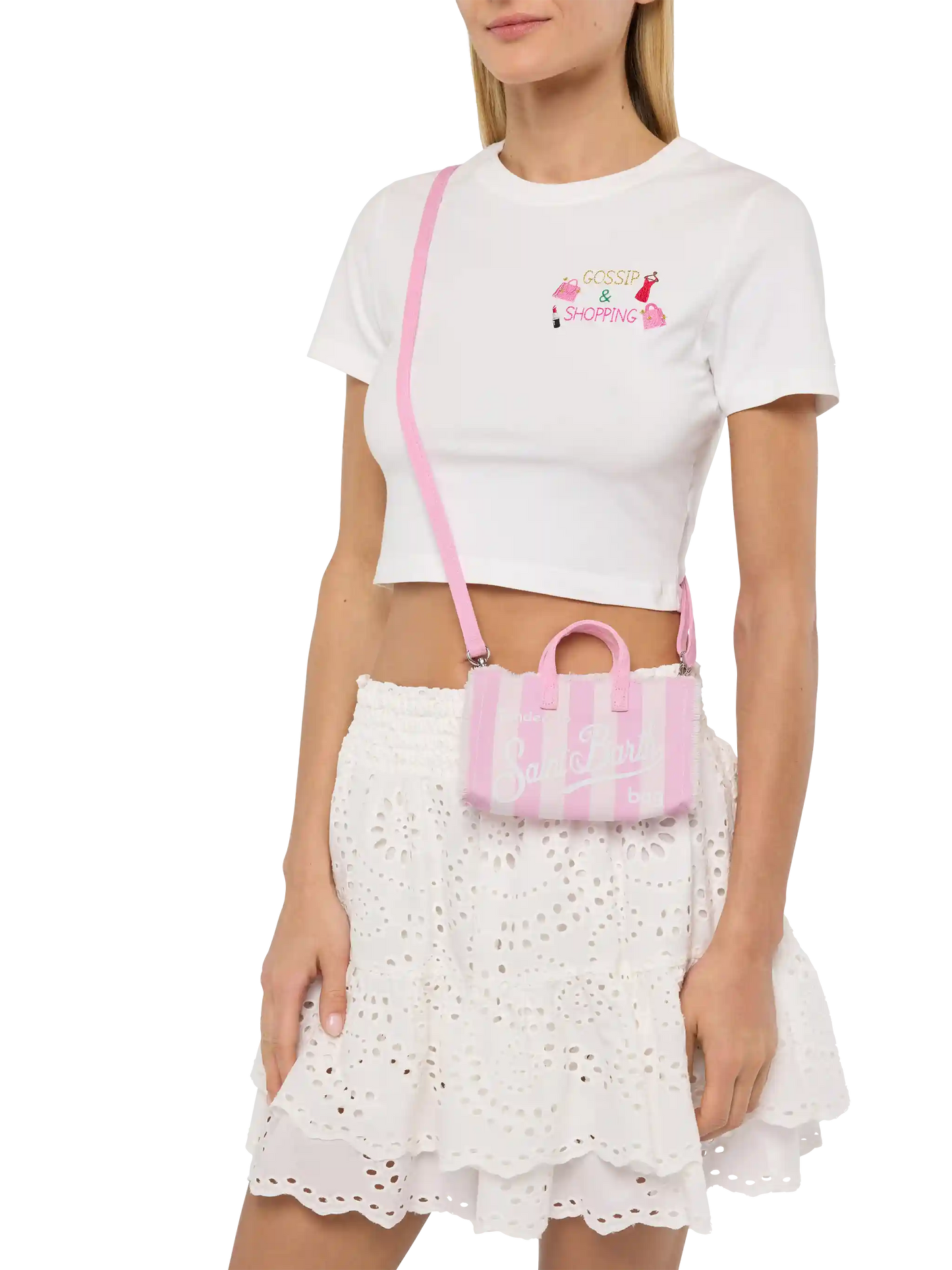 Cotton canvas Phone Bag with pink striped print - MC2 Saint Barth