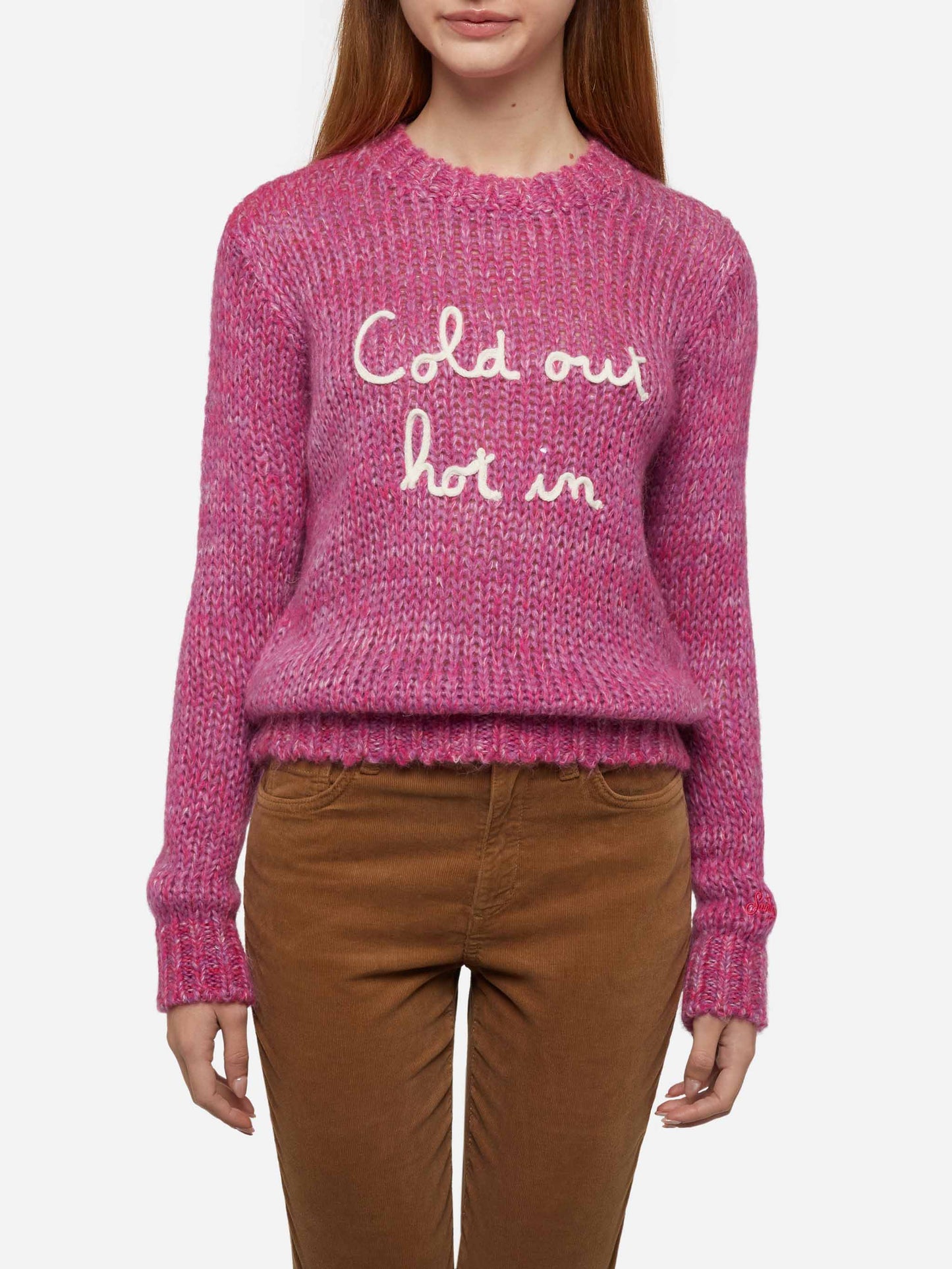 Woman crewneck soft sweater with Cold Out Hot In embroidery