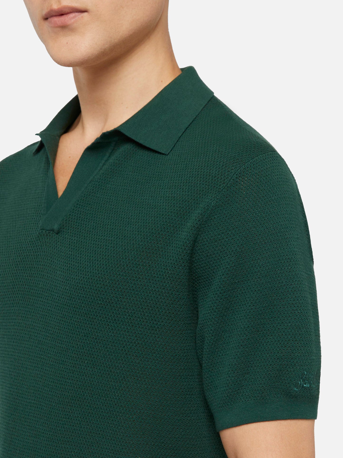 Sloan green buttonless mesh knitted polo shirt