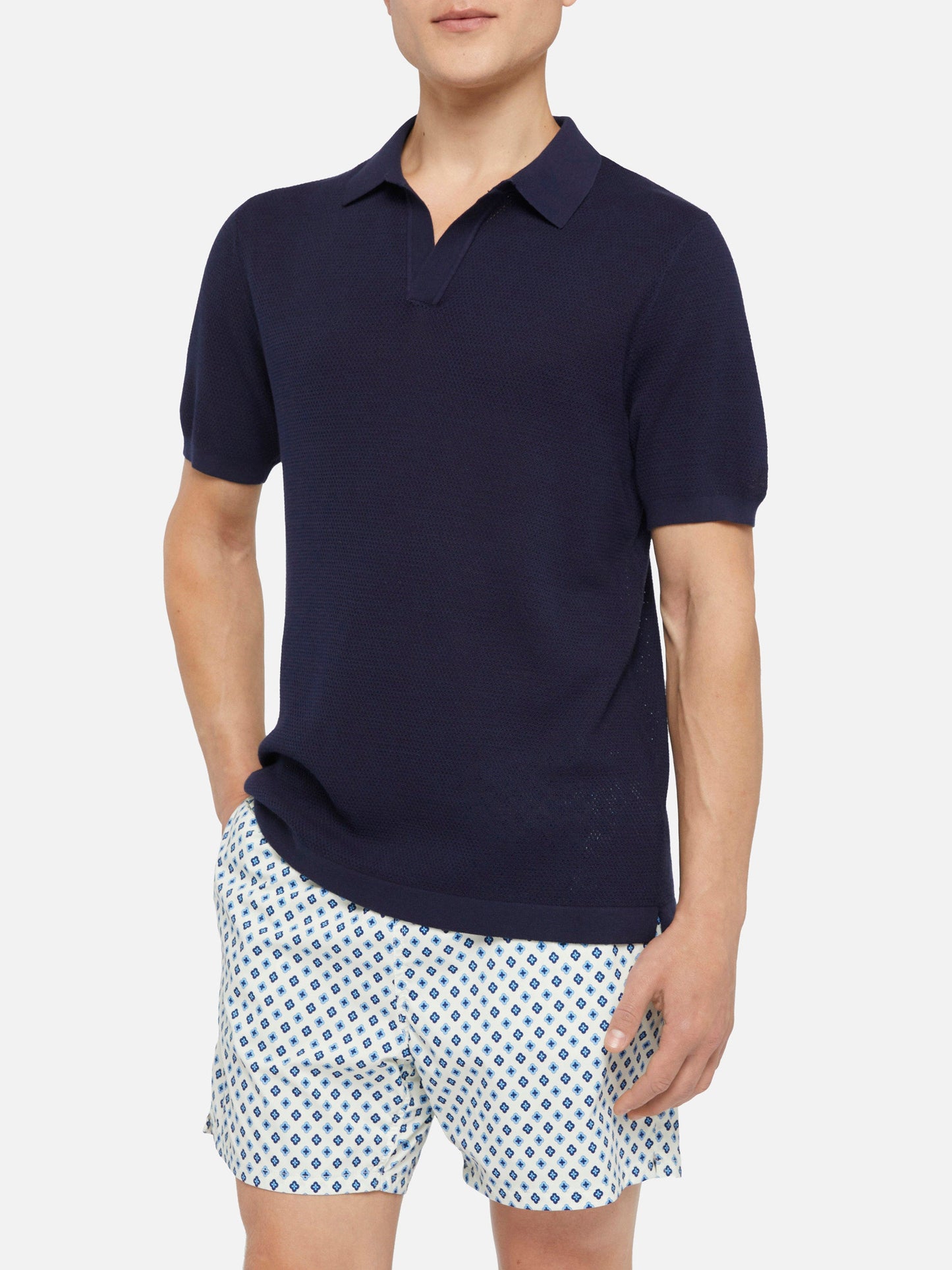 Sloan navy blue mesh buttonless knitted polo shirt