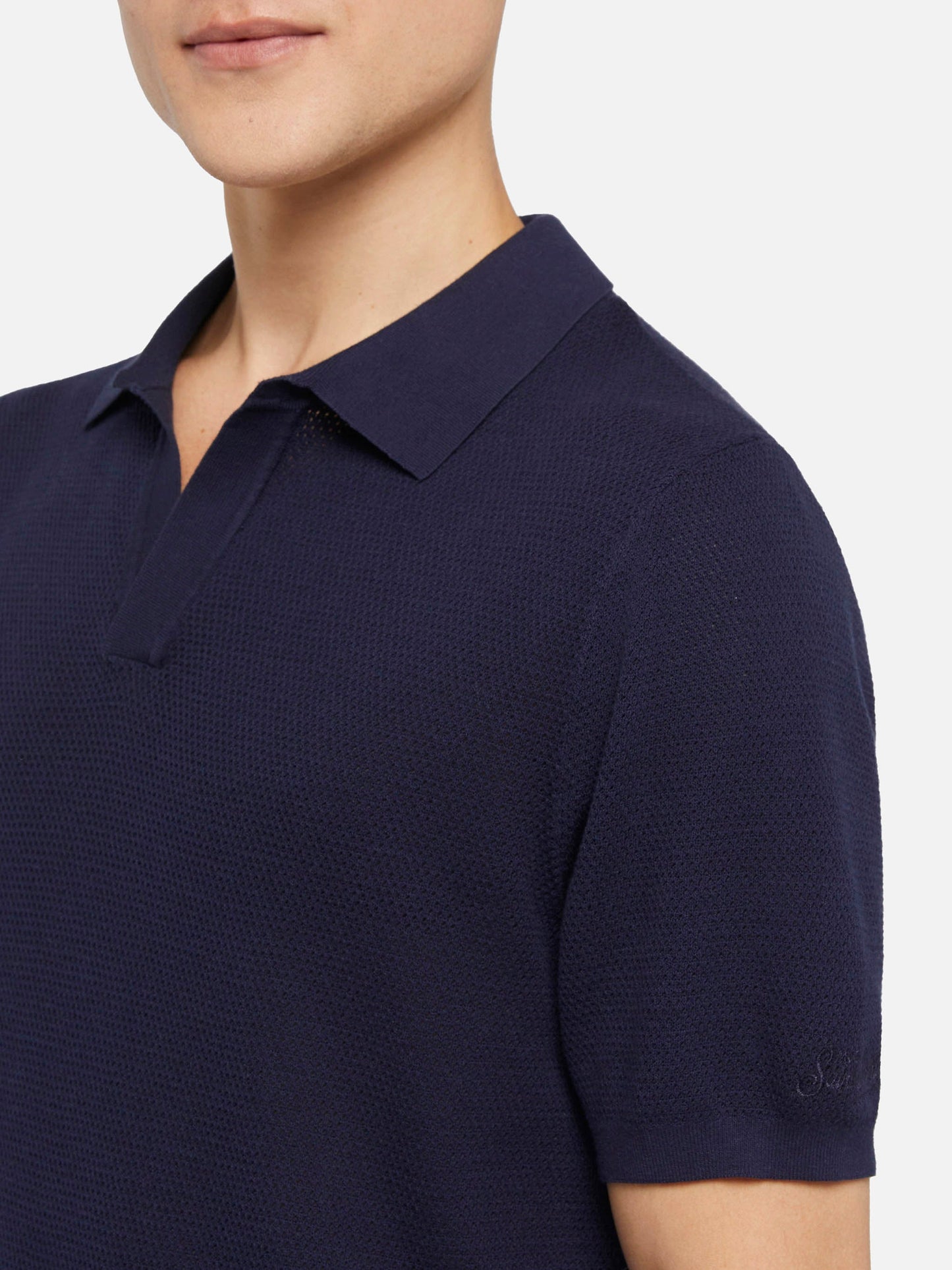 Sloan navy blue mesh buttonless knitted polo shirt