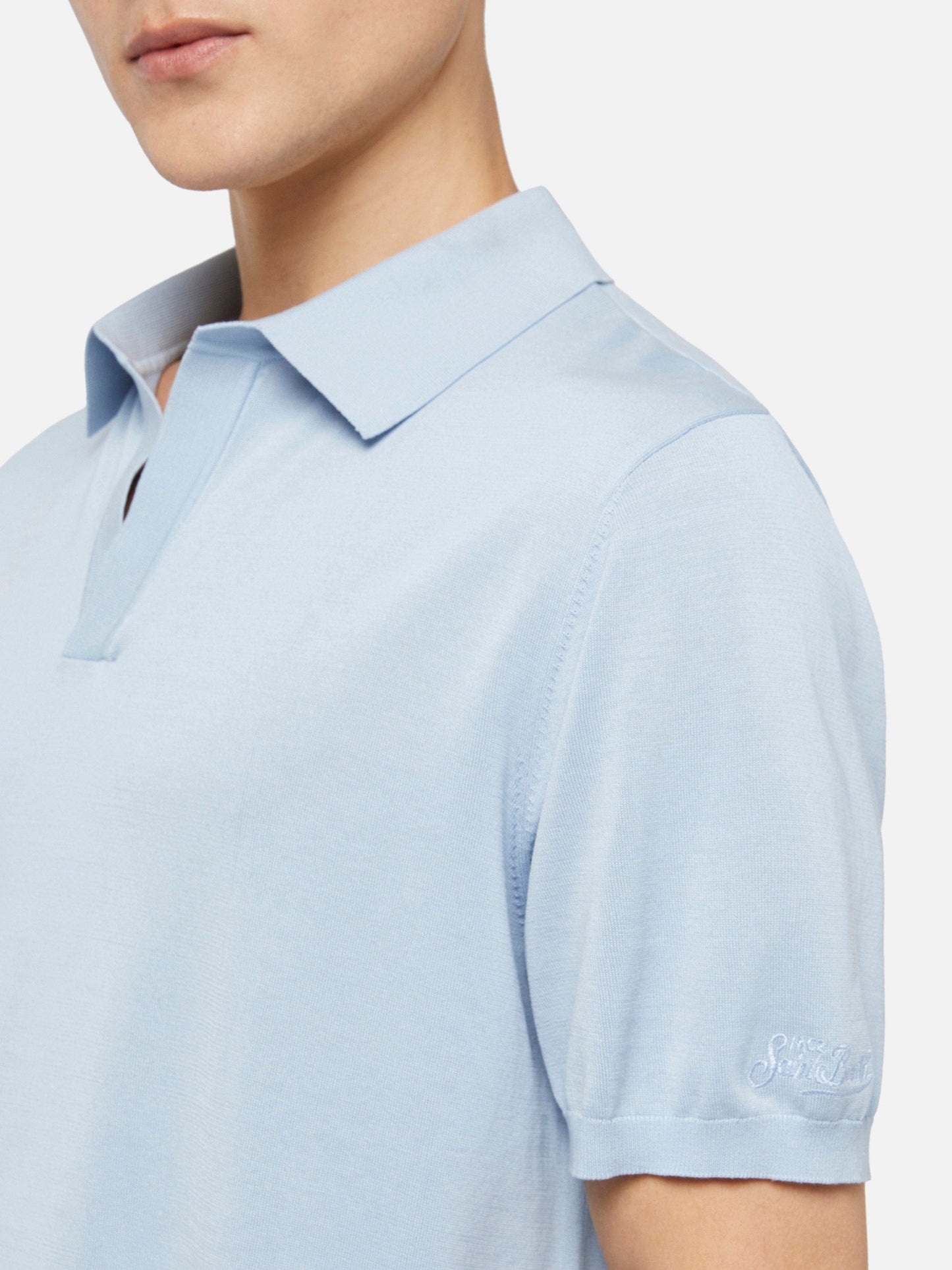 Sloan light blue silk cotton knitted polo shirt