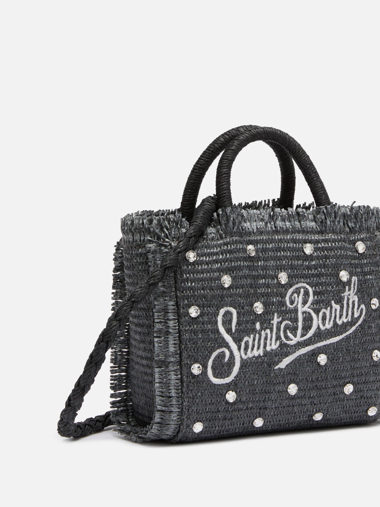Black Mini Vanity Straw bag with rhinestone embellishment - MC2 Saint Barth