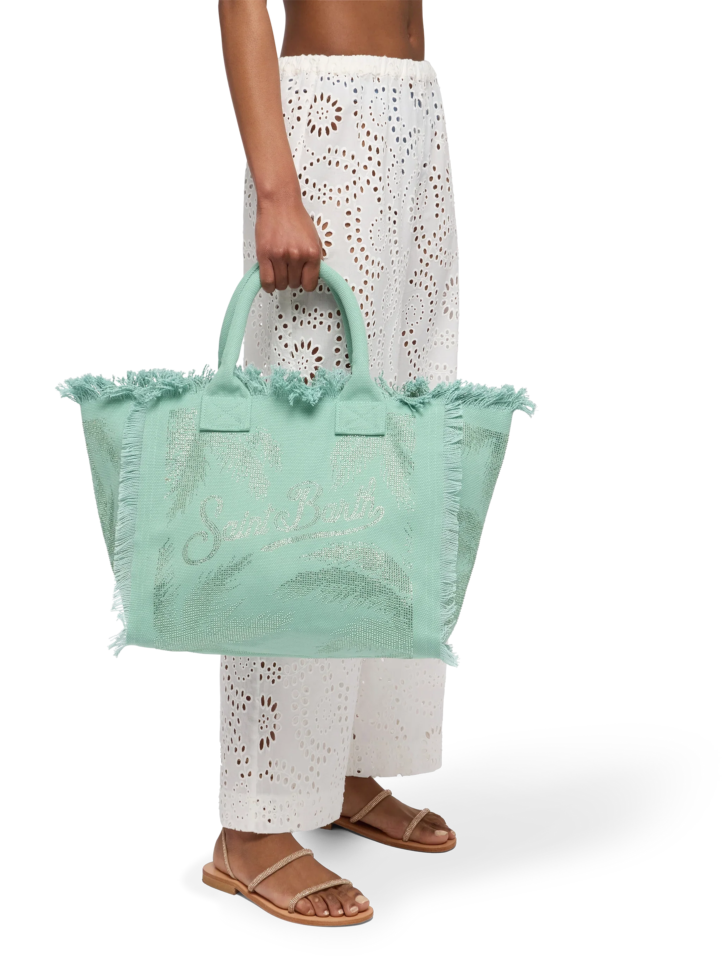 Sage green cotton canvas Vanity tote bag with palm rhinestone embellishment