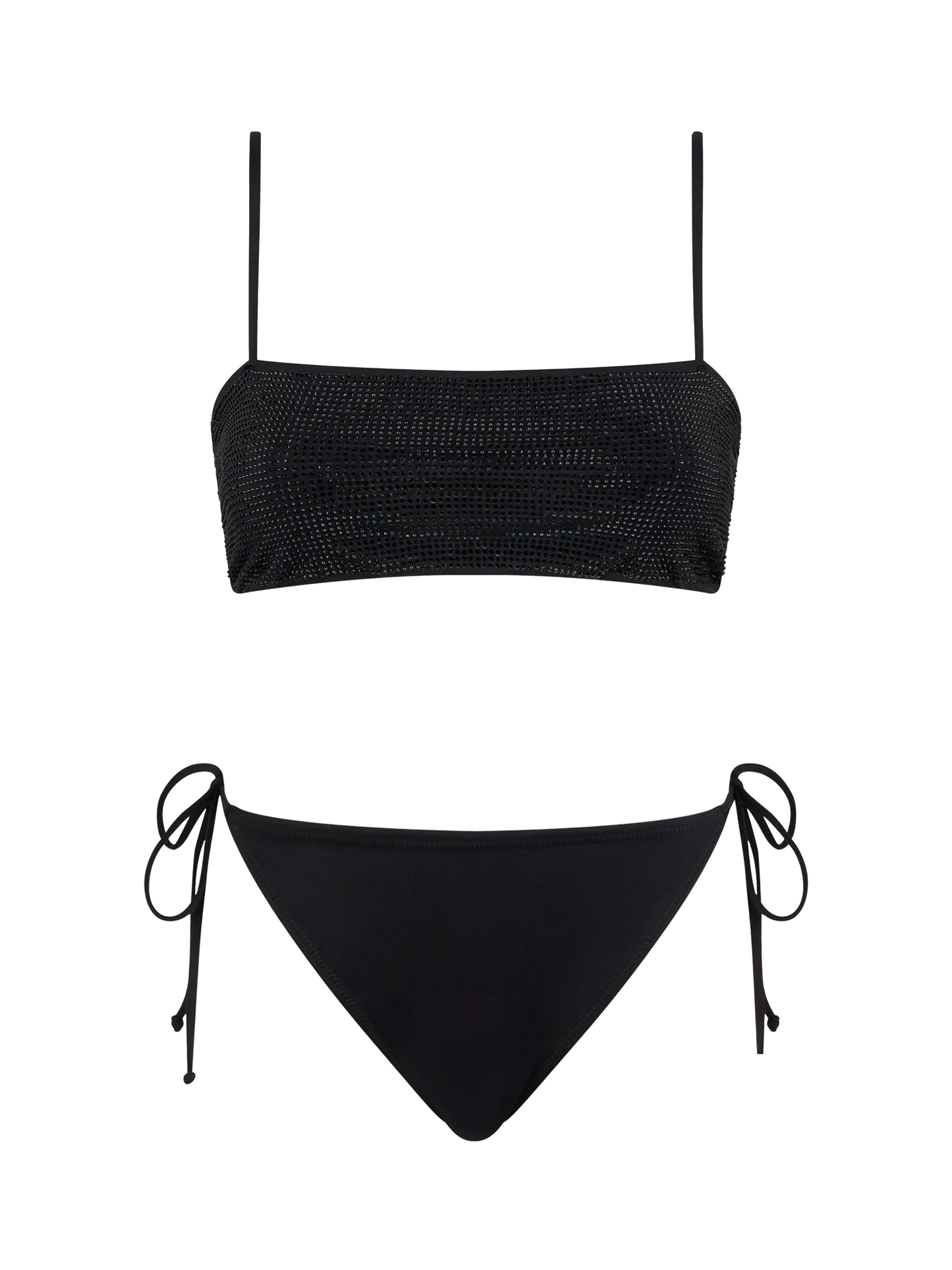 Woman black bandeau bikini with rhinestones