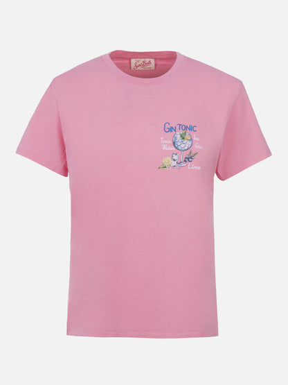 Woman cotton jersey crewneck t-shirt Emilie with Gin Tonic embroidery