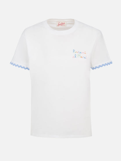 Woman cotton jersey crewneck t-shirt Emilie with Portami al Mare embroidery