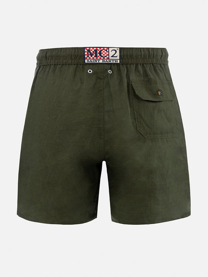 Mid-length military green linen swim-shorts Gustavia