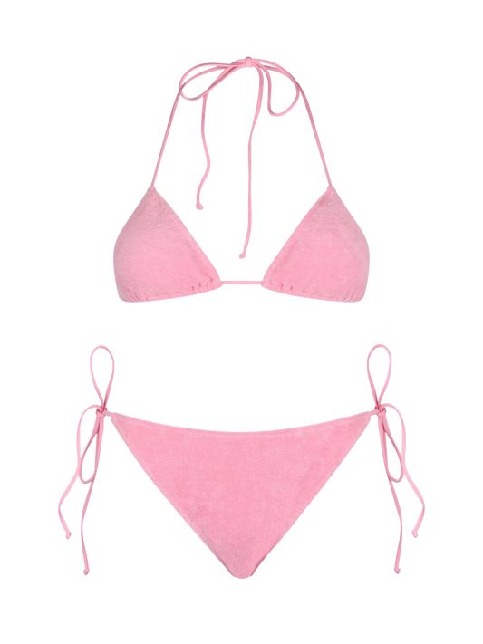 Woman pink terry triangle bikini Leah Virgo