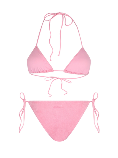 Woman pink terry triangle bikini Leah Virgo