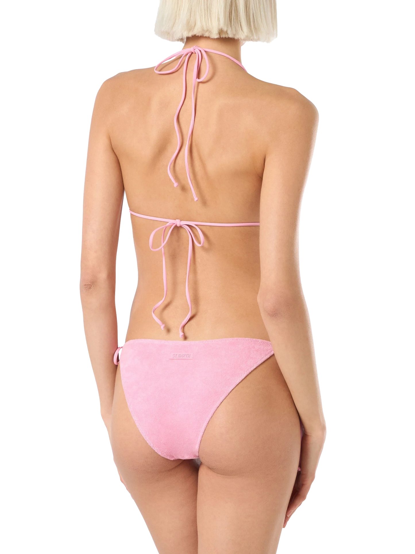 Woman pink terry triangle bikini Leah Virgo