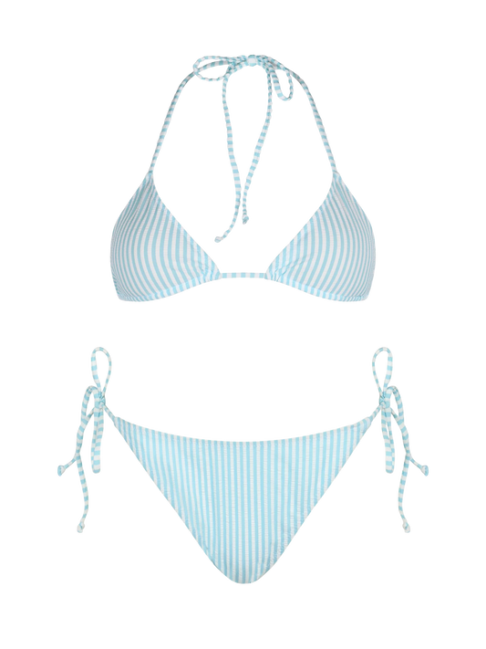 Woman seersucker striped triangle bikini Leah Virgo