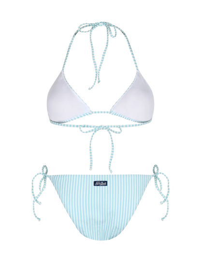Woman seersucker striped triangle bikini Leah Virgo