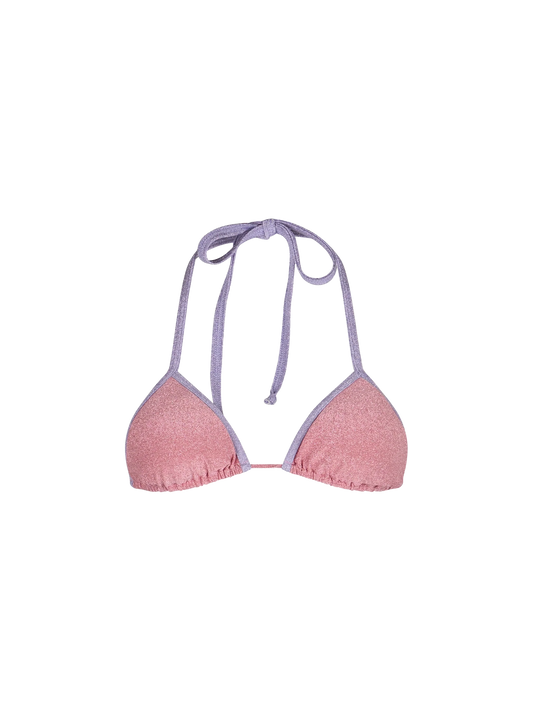 Woman pink lurex triangle top swimsuit Leah with piping