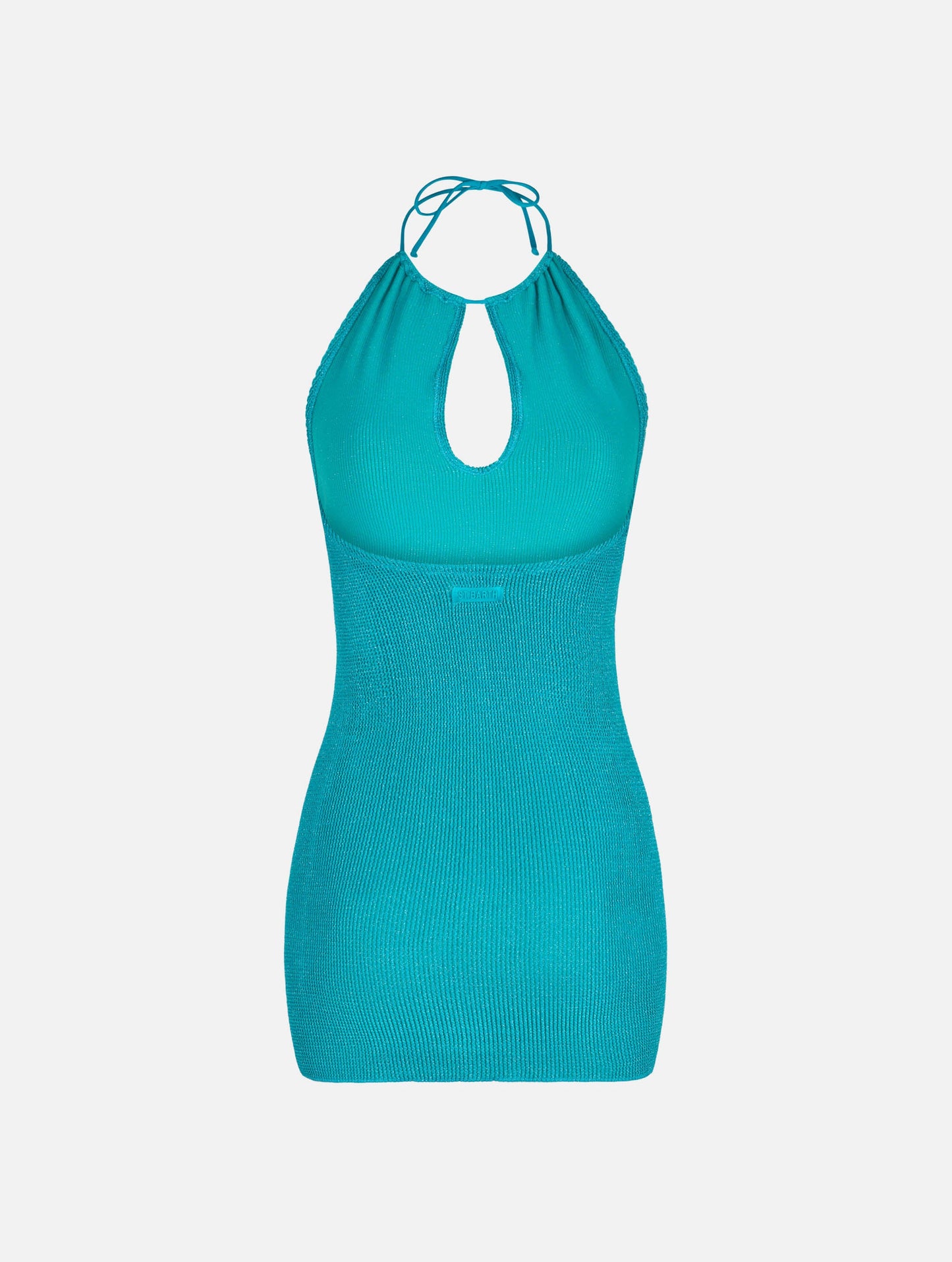 Woman teal green lurex halterneck crinkle dress