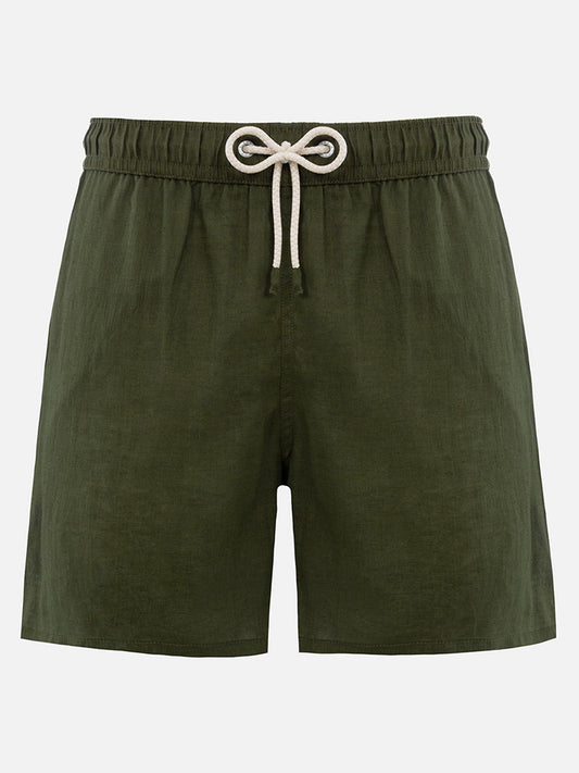 Mid-length military green linen swim-shorts Gustavia