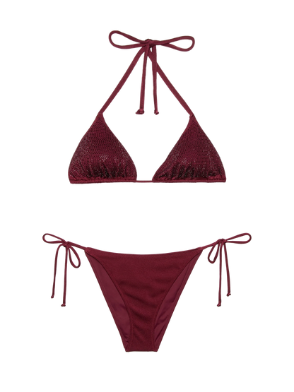 Virgo burgundy classic swim briefs with rhinestone embellishment                                                       - Annabelle riangle top swimsuit with rhinestones