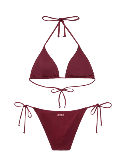 Virgo burgundy classic swim briefs with rhinestone embellishment                                                       - Annabelle riangle top swimsuit with rhinestones