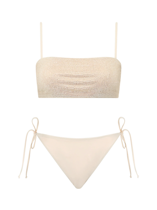 Woman beige bandeau bikini Athena Virgo with rhinestones