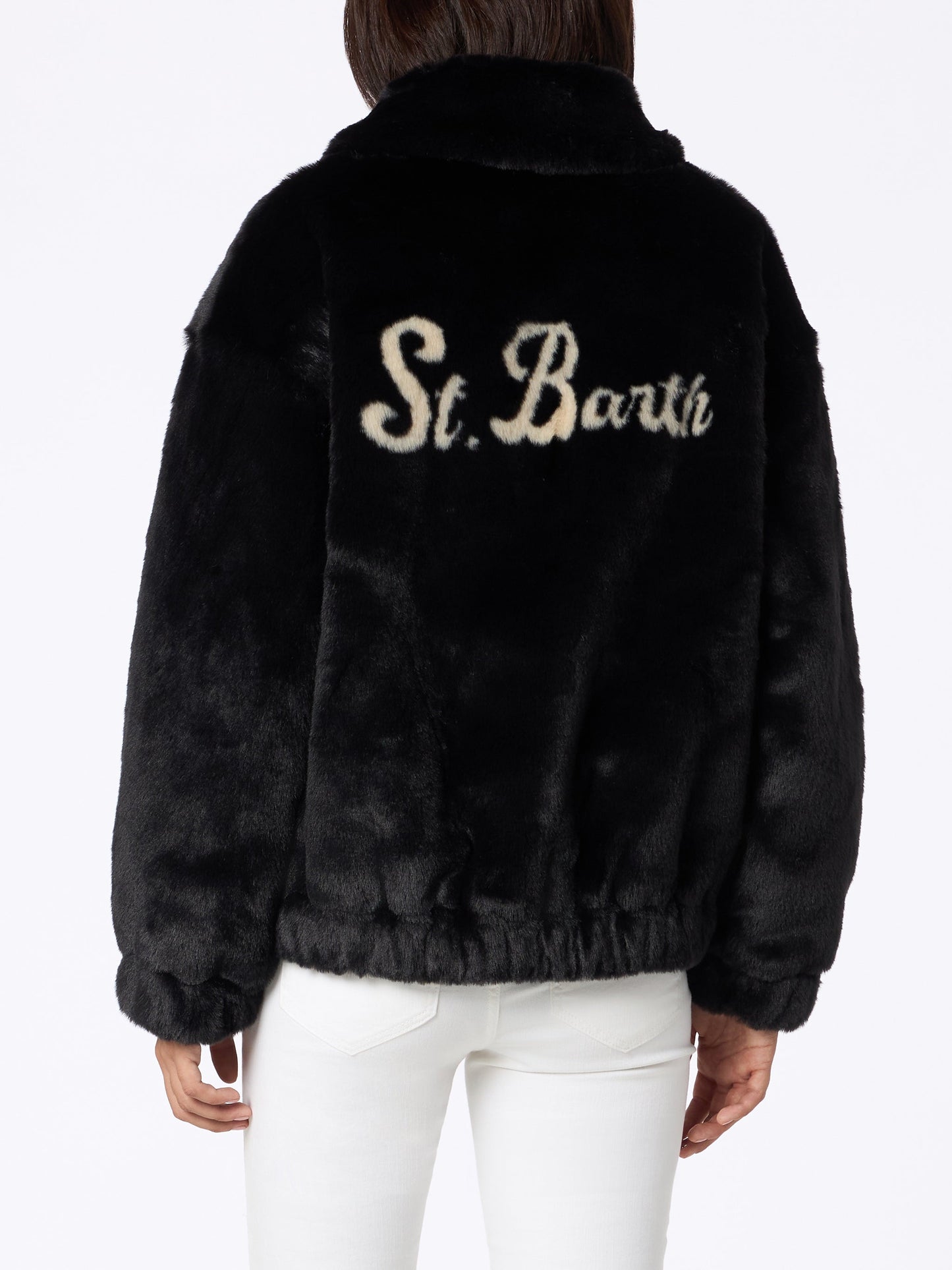 Woman furry bomber Abel with collar and Saint Barth print