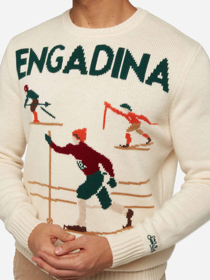 White sweater Bombardino Light with Engadina skiers jacquard