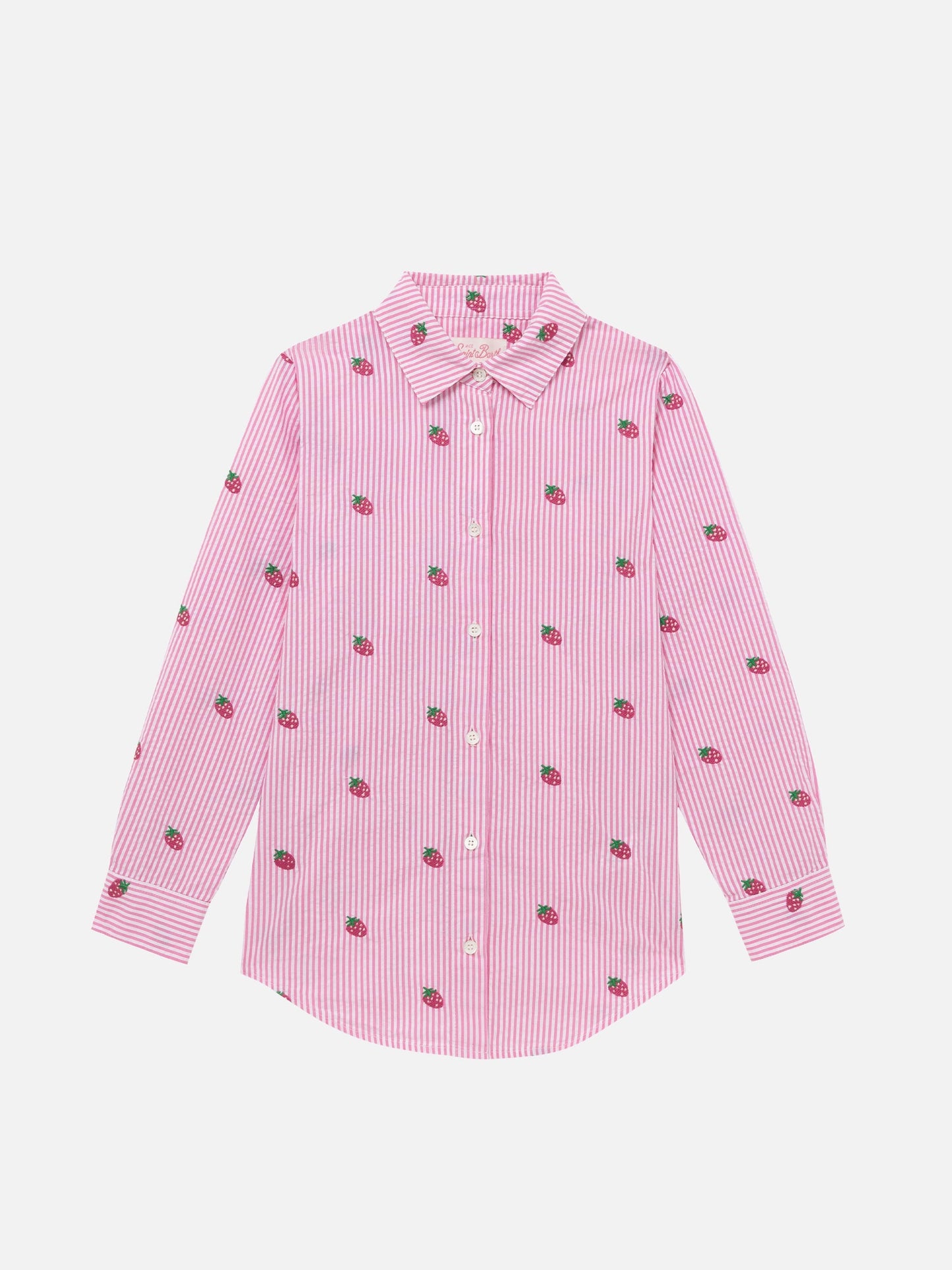 Mini Brigitte pink striped seersucker shirt with strawberry embroidery
