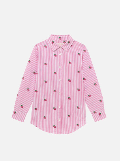 Mini Brigitte pink striped seersucker shirt with strawberry embroidery