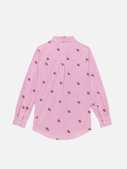 Mini Brigitte pink striped seersucker shirt with strawberry embroidery