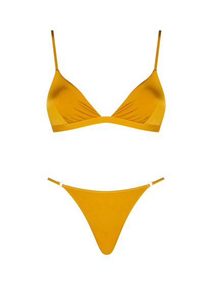 Woman ochre yellow triangle bikini Brooke Jodene